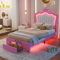 Pink & White Crown Headboard Twin Bed Frame with LED Lights & Drawer, 1-Person
