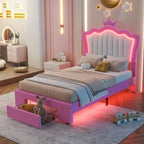 Pink & White Crown Headboard Twin Bed Frame with LED Lights & Drawer, 1-Person