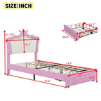 Pink & White Crown Headboard Twin Bed Frame with LED Lights & Drawer, 1-Person