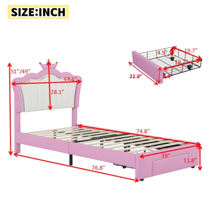 Pink & White Crown Headboard Twin Bed Frame with LED Lights & Drawer, 1-Person