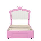 Pink & White Crown Headboard Twin Bed Frame with LED Lights & Drawer, 1-Person