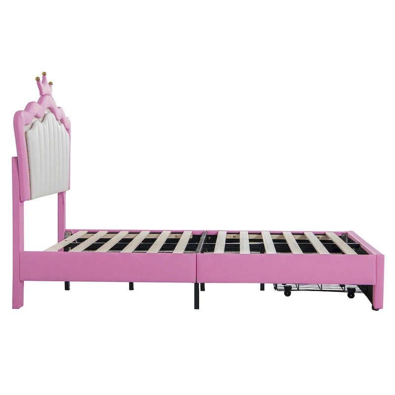 Pink & White Crown Headboard Twin Bed Frame with LED Lights & Drawer, 1-Person