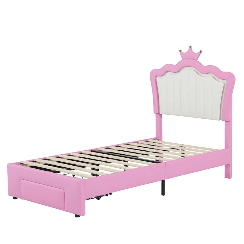 Pink & White Crown Headboard Twin Bed Frame with LED Lights & Drawer, 1-Person