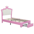 Pink & White Crown Headboard Twin Bed Frame with LED Lights & Drawer, 1-Person