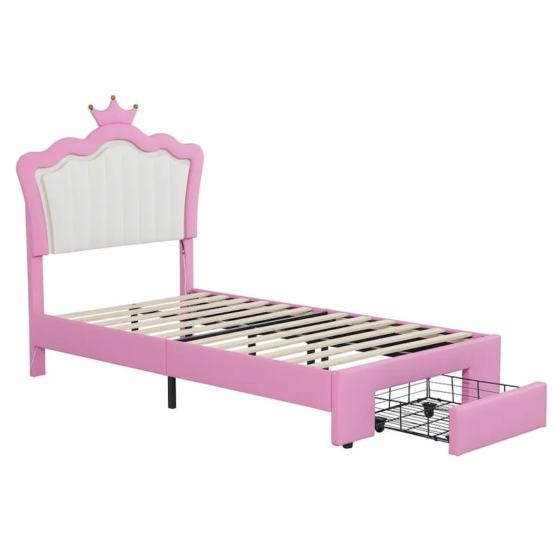Pink & White Crown Headboard Twin Bed Frame with LED Lights & Drawer, 1-Person