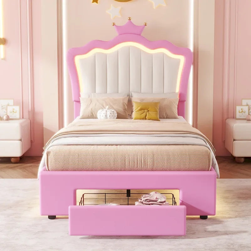Pink & White Crown Headboard Twin Bed Frame with LED Lights & Drawer, 1-Person